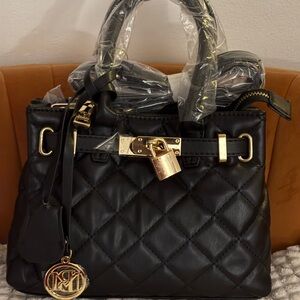 Badgley Mischka Black Quilted Satchel with Gold Details